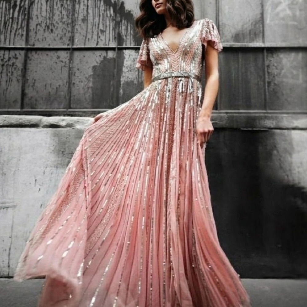$698 Mac Duggal Size 6 Pink Silver Beaded Sequin V-Neck Long Maxi Dress Gown